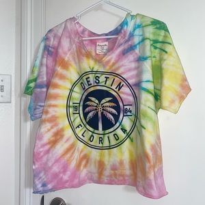 Dreamsicle Multi Color Destin Florida Palm Tree Tie Dye Cropped V-Neck T-Shirt